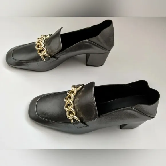 Zara Soft Leather Mid Heel Shoes With Chain Detail Women's Size 6