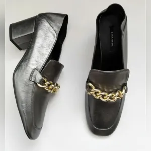Zara Soft Leather Mid Heel Shoes With Chain Detail Women's Size 6