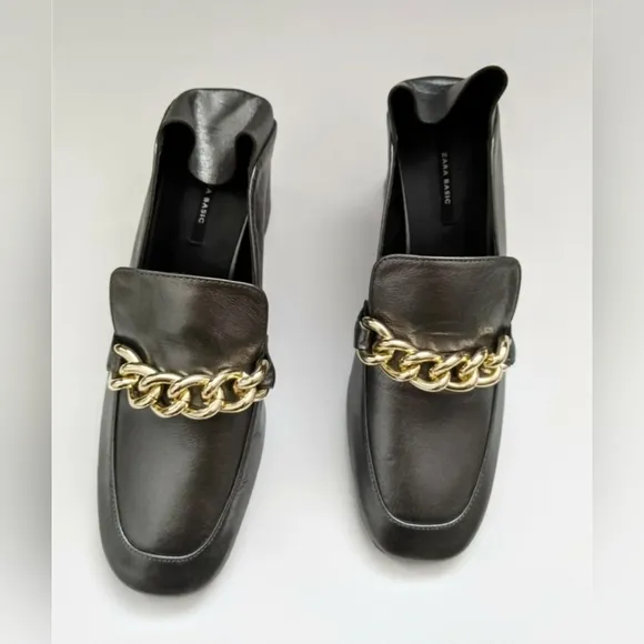 Zara Soft Leather Mid Heel Shoes With Chain Detail Women's Size 6