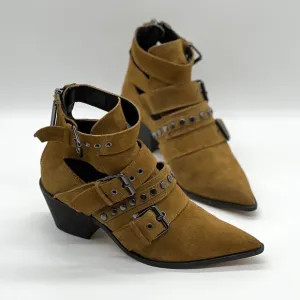 ZARA Suede Studded Bootie Womens 36 Brown Buckle Buckle Heeled Pointy Toe Shoes
