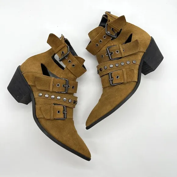 ZARA Suede Studded Bootie Womens 36 Brown Buckle Buckle Heeled Pointy Toe Shoes