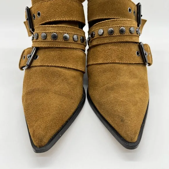 ZARA Suede Studded Bootie Womens 36 Brown Buckle Buckle Heeled Pointy Toe Shoes