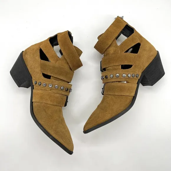 ZARA Suede Studded Bootie Womens 36 Brown Buckle Buckle Heeled Pointy Toe Shoes